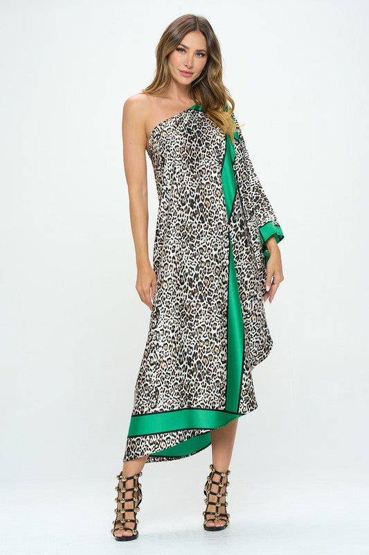 Stretch Satin One Shoulder Dress with Curved Hem