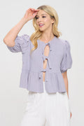 Linen Solid Puff Sleeve Top with Front Bow Detail
