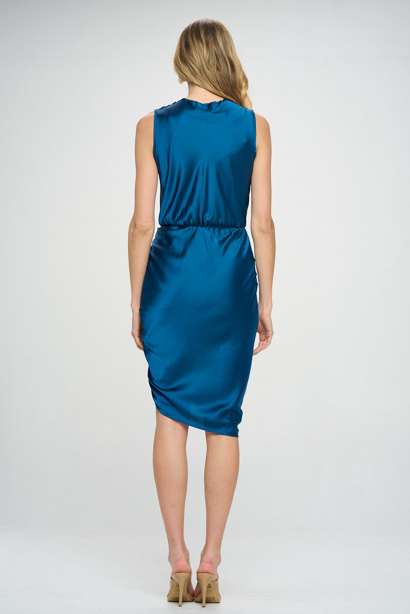 Stretch Satin Ruched Dress with Asymmetrical Hem