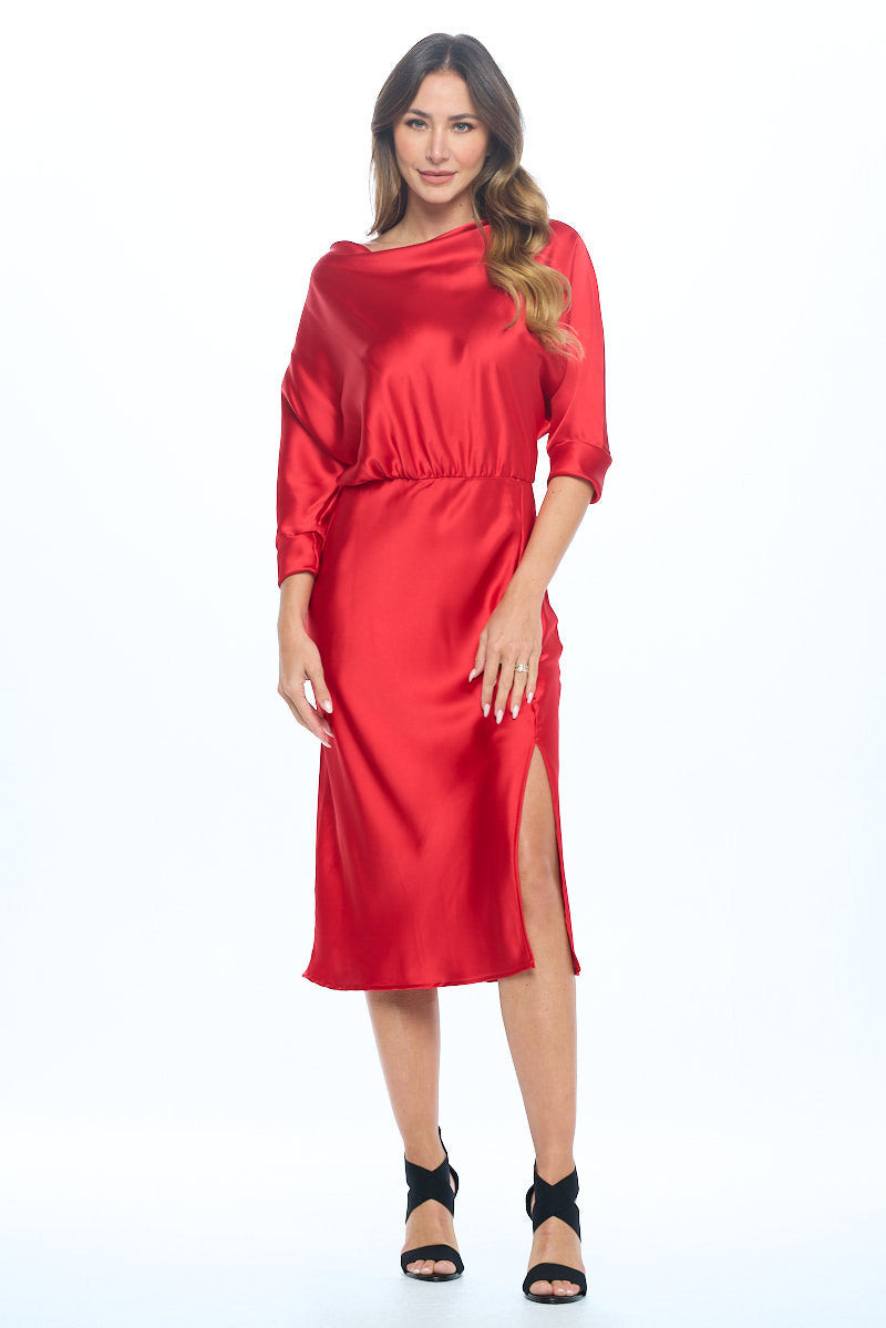 Stretch Satin Print 3/4 Sleeve Dress with Slit