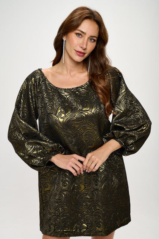 Jacquard Viscose Scoop Neck Dress with Puff Cuffed Sleeve