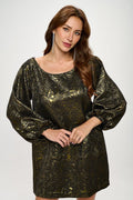 Jacquard Viscose Scoop Neck Dress with Puff Cuffed Sleeve