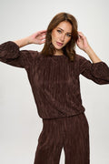 Plisse Solid Round neck Top with 3/4 Sleeve-0
