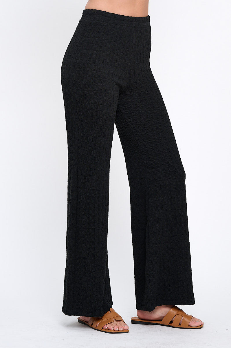 Textured Wide Leg Pants with Elastic Waistband-1