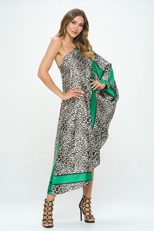 Stretch Satin One Shoulder Dress with Curved Hem