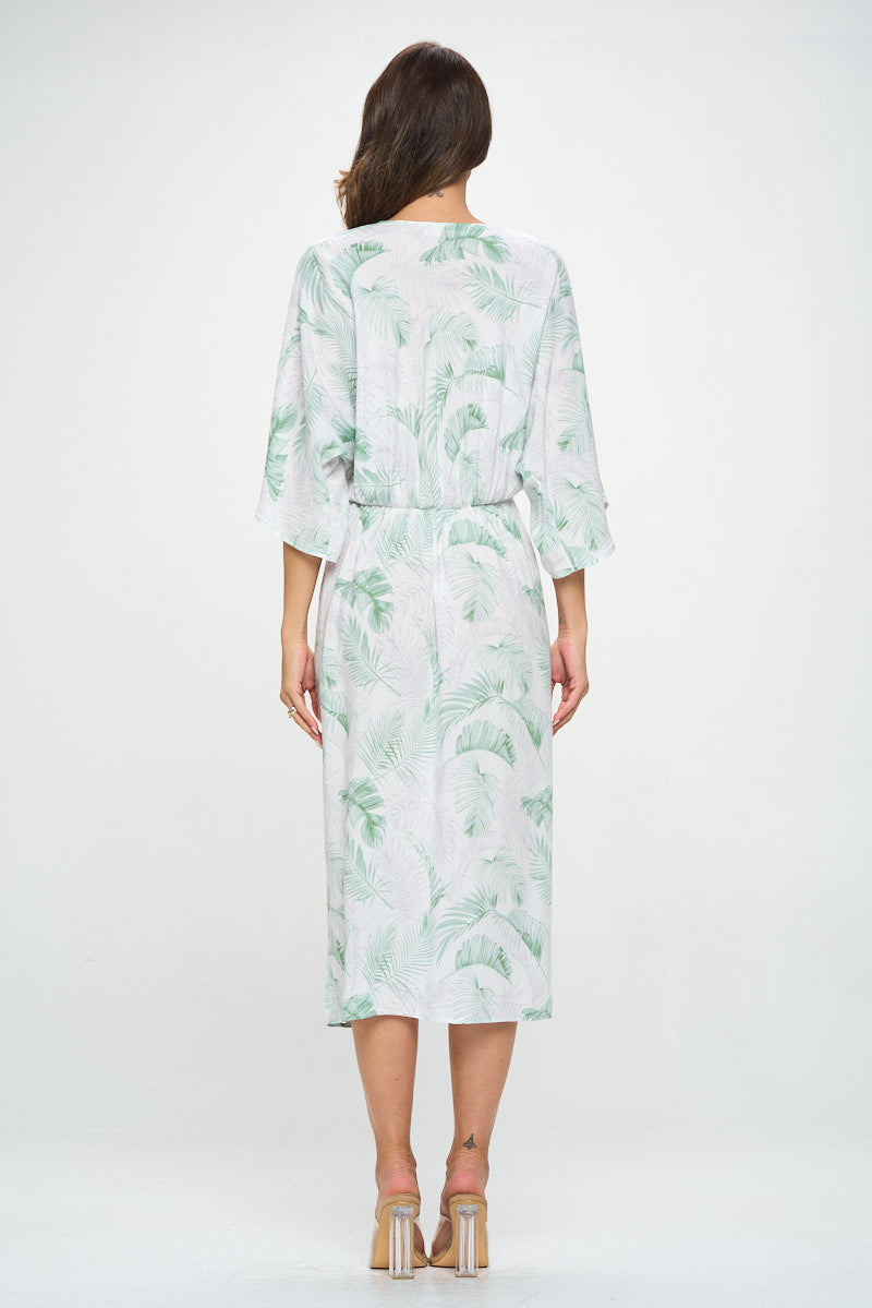 Tencel Tropical Leaf Print Kimono Style Dress with Front Twist