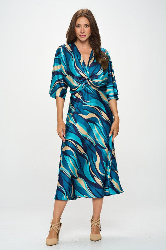 Satin Stretch Print Dress with Front Twist-1