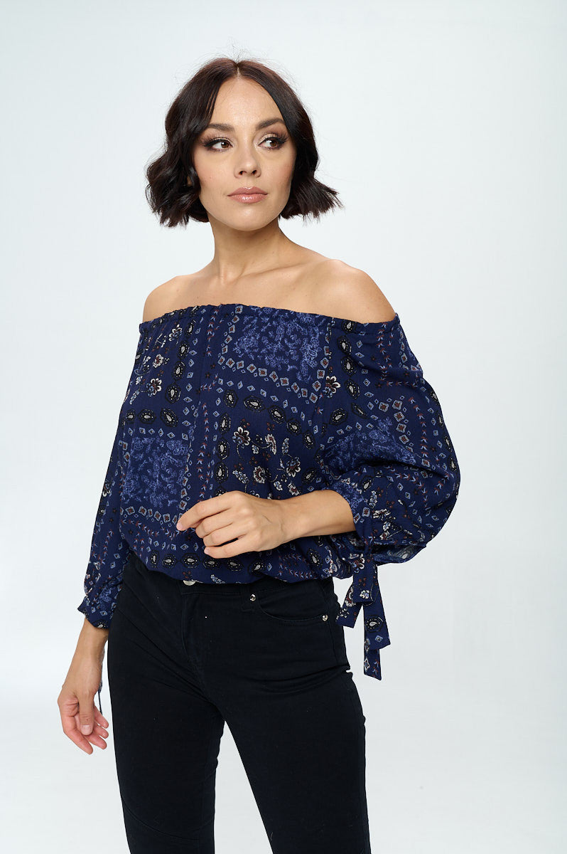 Paisley Print Off Shoulder Top with Sleeve Tie-2