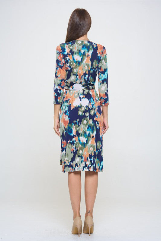Abstract Print V neck Jersey Wrap Dress with Tie