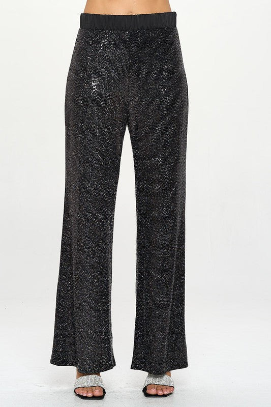 Sequins Wide Leg Pants with Satin Waistband