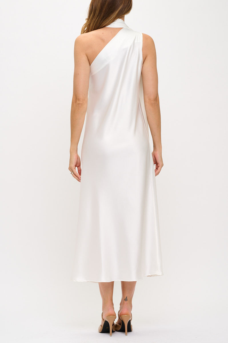 One Shoulder Satin Maxi Dress with Scarf Detail