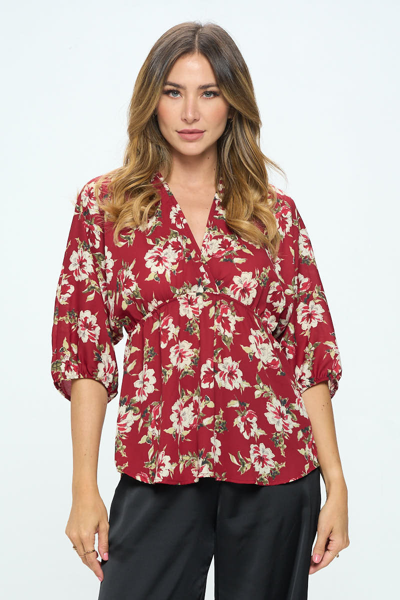 Floral Print V neck Kimono Top-0