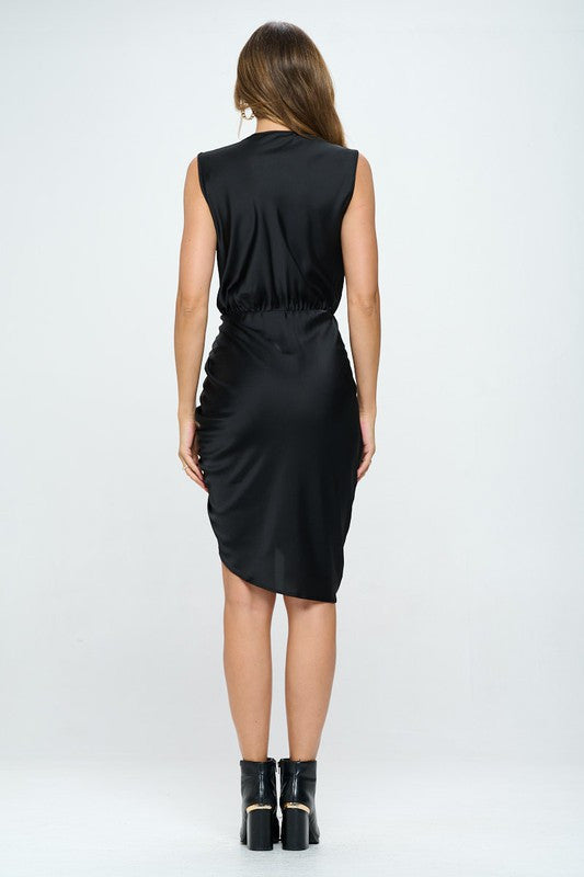 Stretch Satin Dress with Ruched Asymmetrical Hem