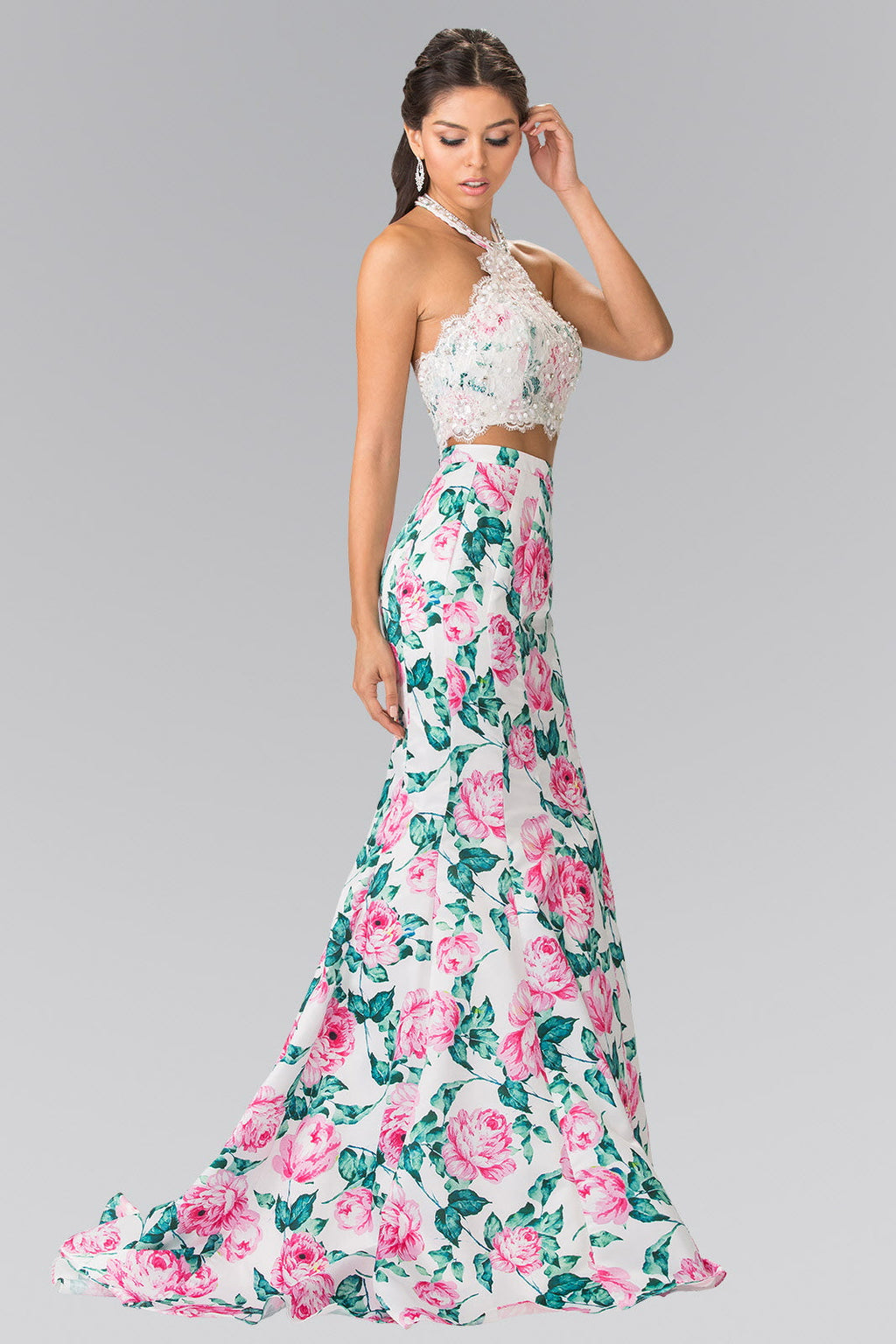 Halter-Neck Two-Piece Floral Print Long Dress