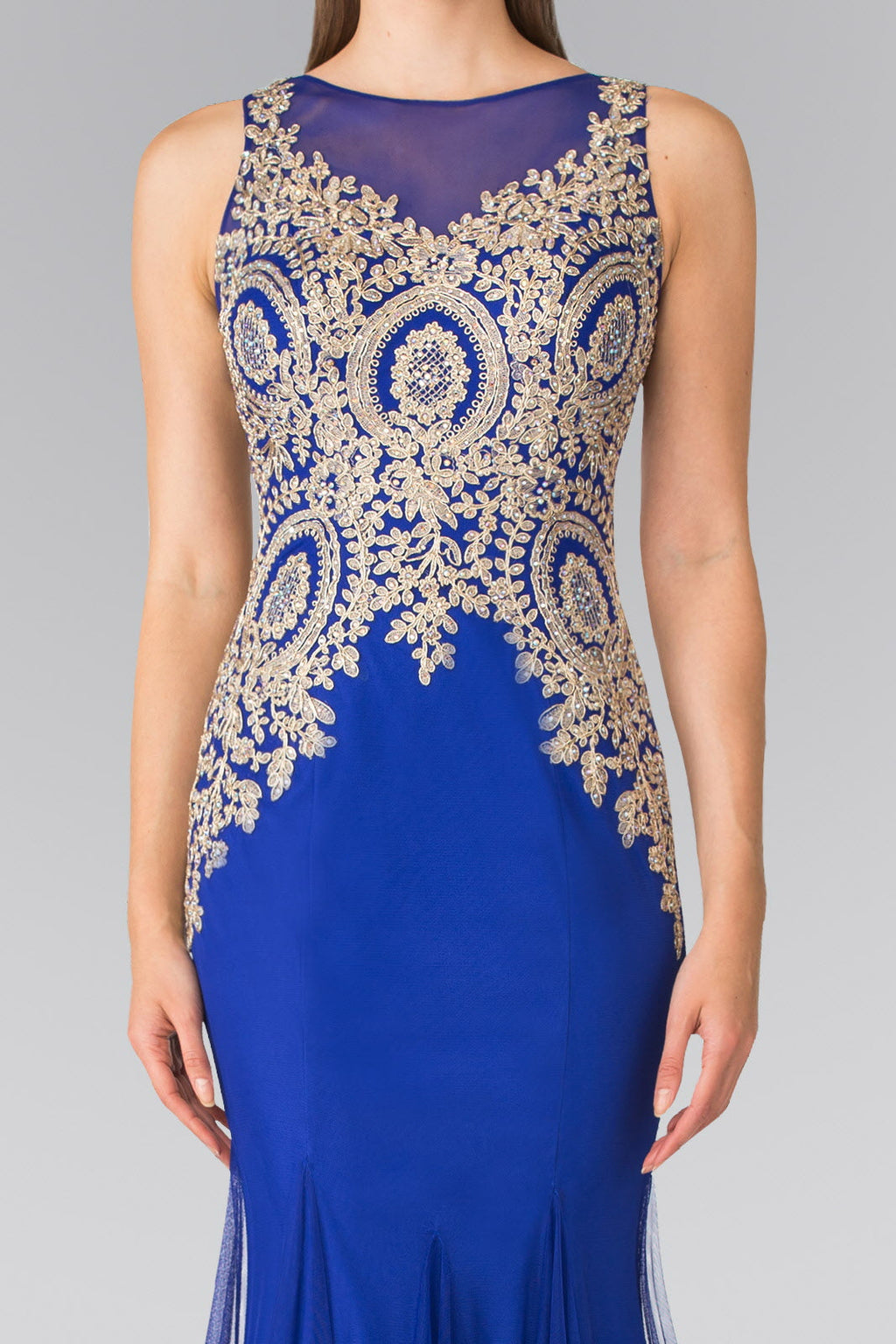 Embroidered Bodice Long Dress with Sheer Back