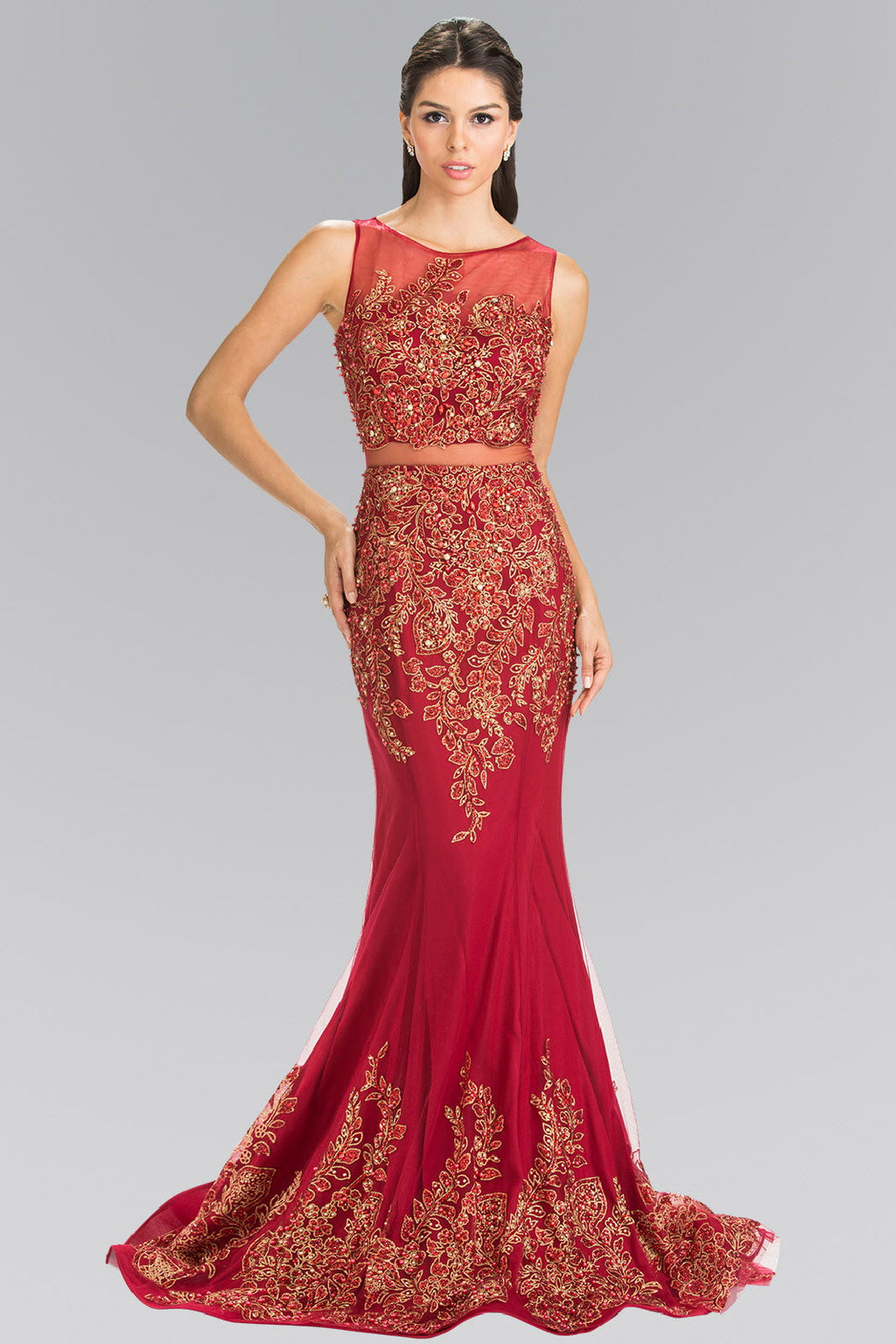 Mock Two-Piece Embroidered Jersey Long Dress