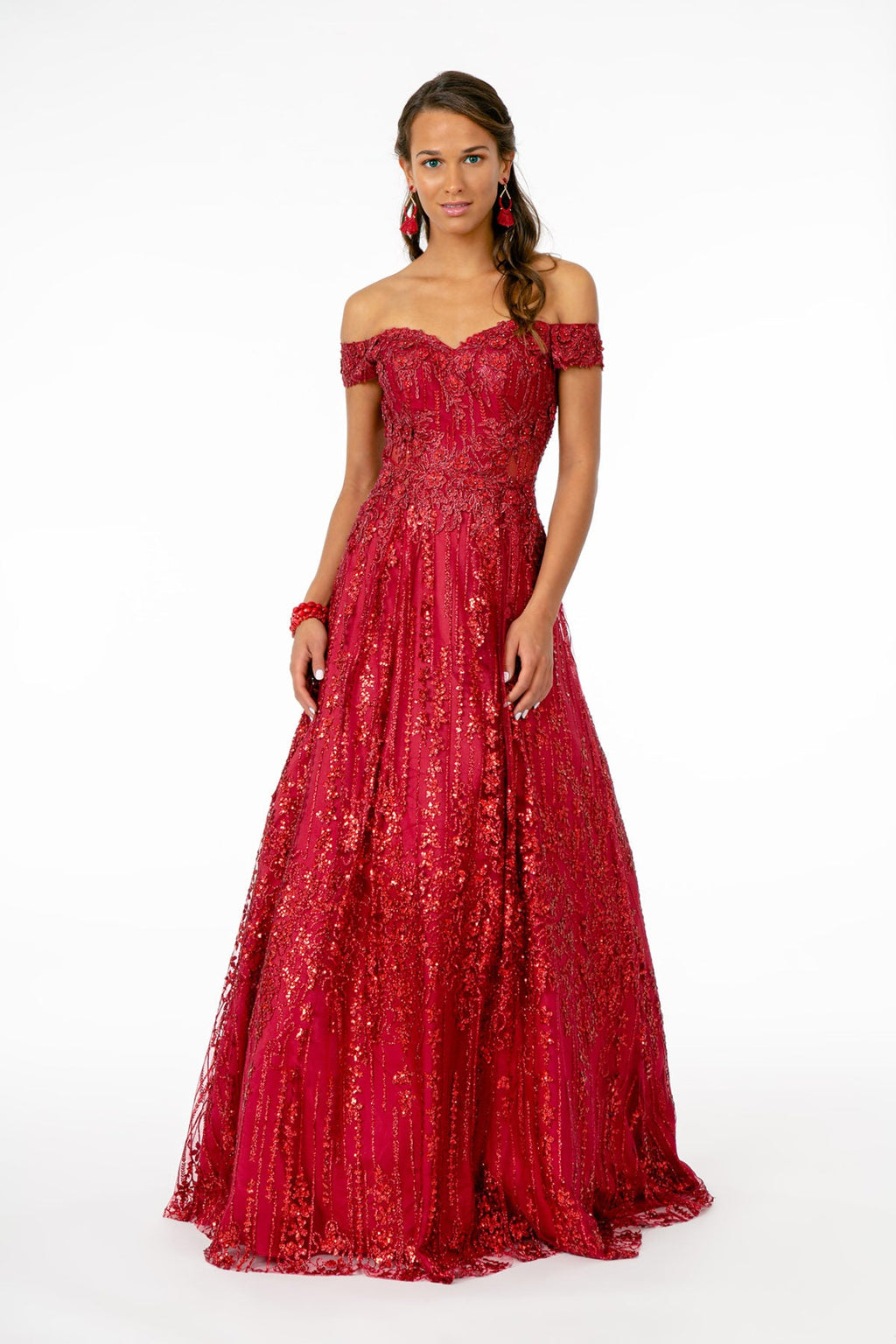 Embroidered Bodice Sequin and Glitter Embellished A-Line Dress