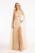 Feather-Shoulder Embellished Glitter Mermaid Dress w/ Mesh Layer Drape