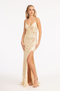 Flower Applique Sequin Embellished Mermaid Dress w/ Gathered Waist