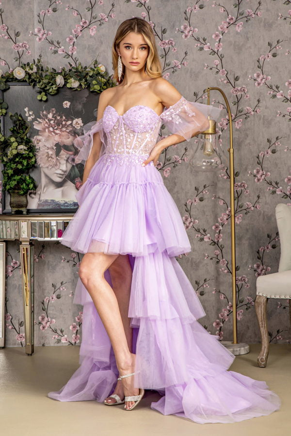 3-D Heart Applique Bead Layered Skirt Mesh A-line Long Dress