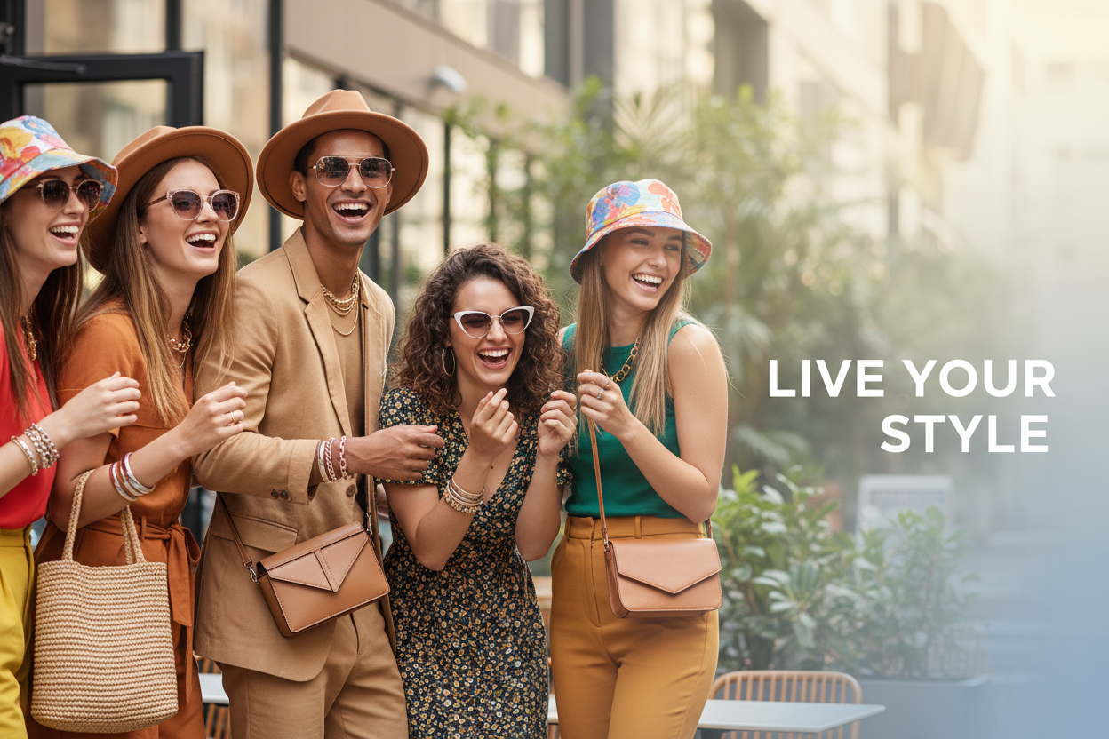 Happy people with trendy accessories banner