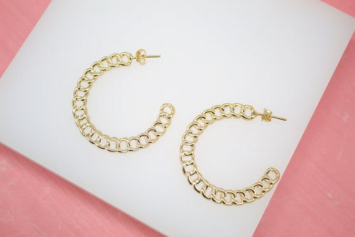18K Gold Filled Dainty Curb Cuban Link Open Hoop Earrings (K176)