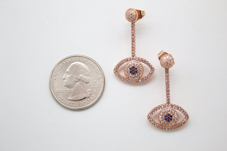 18K Gold Filled Evil Eye Long Dainty Drop Earrings With CZ Cubic Zirconia Stones (L85)