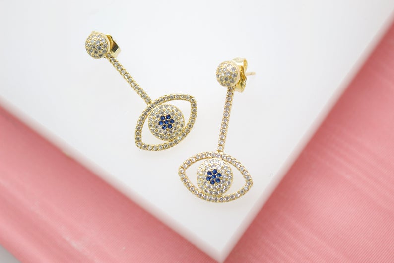 18K Gold Filled Evil Eye Long Dainty Drop Earrings With CZ Cubic Zirconia Stones (L85)