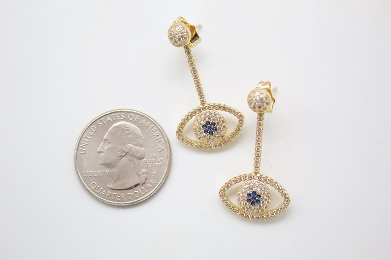 18K Gold Filled Evil Eye Long Dainty Drop Earrings With CZ Cubic Zirconia Stones (L85)