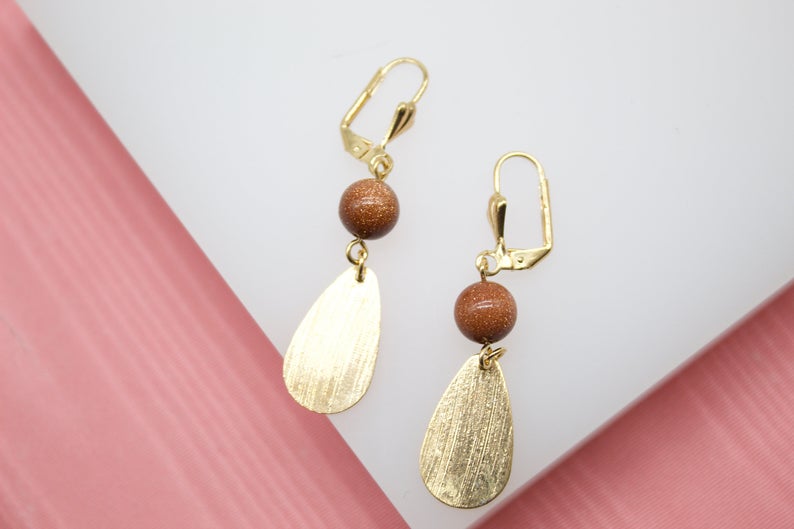 18K Gold Filled Brown Aventurine Stone Earrings With Golden Dangle