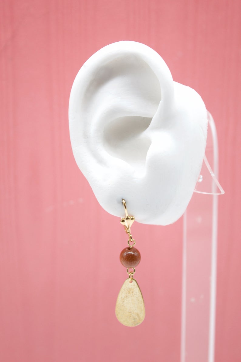 18K Gold Filled Brown Aventurine Stone Earrings With Golden Dangle