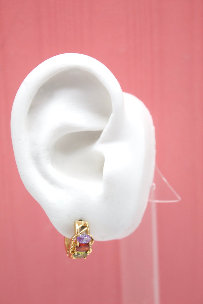 18K Gold Filled Huggies Earrings With Oval MultiColor CZ Cubic Zirconia Stones (STYLE BB)