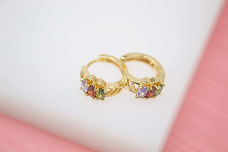 18K Gold Filled Huggies Earrings With Oval MultiColor CZ Cubic Zirconia Stones (STYLE BB)