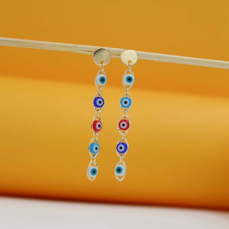 18K Gold Multi-Color Evil Eye Dangle Earring (K49)