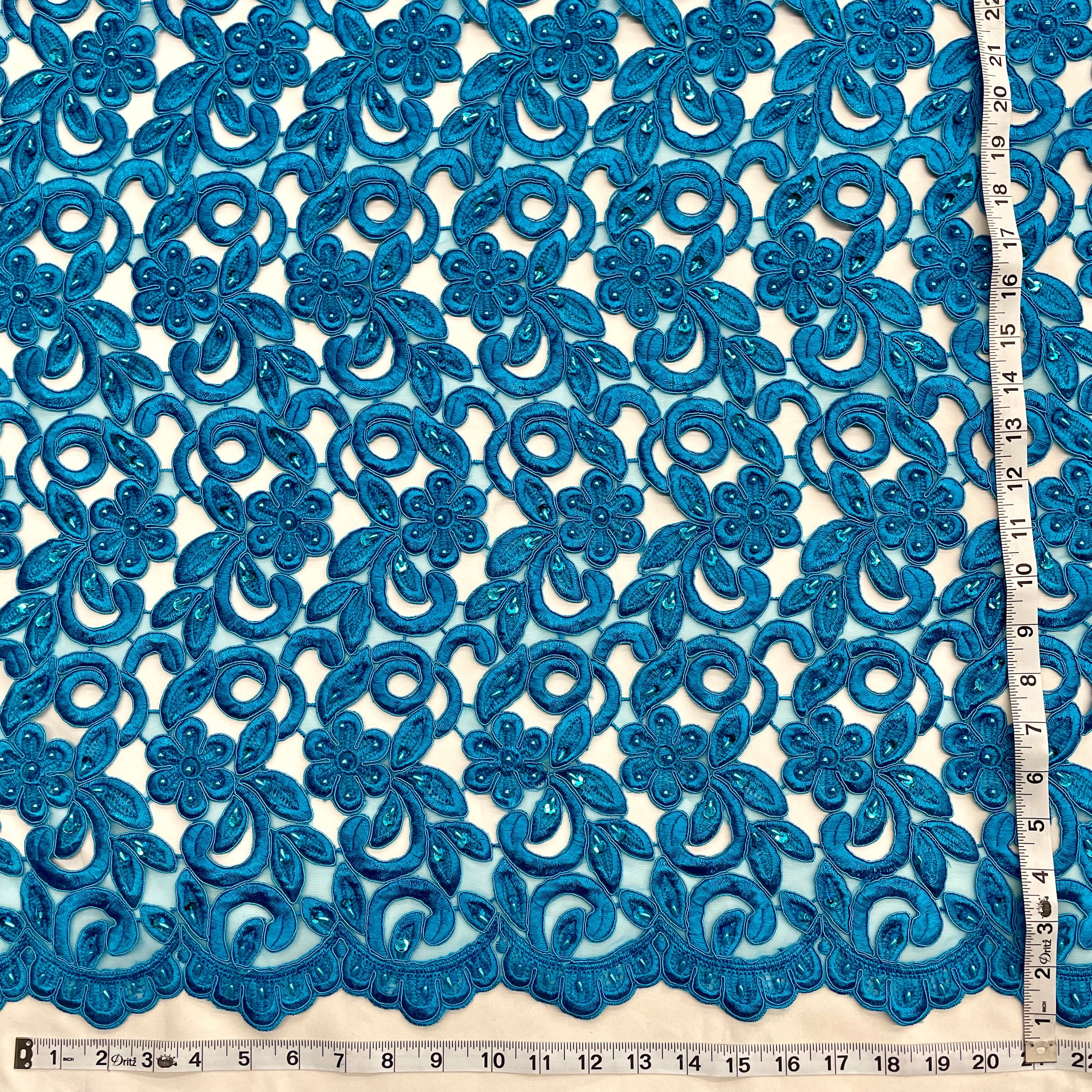 Beaded & Corded Bridal Lace Fabric Embroidered on 100% Polyester Net Mesh  | Lace USA -90726N-BP
