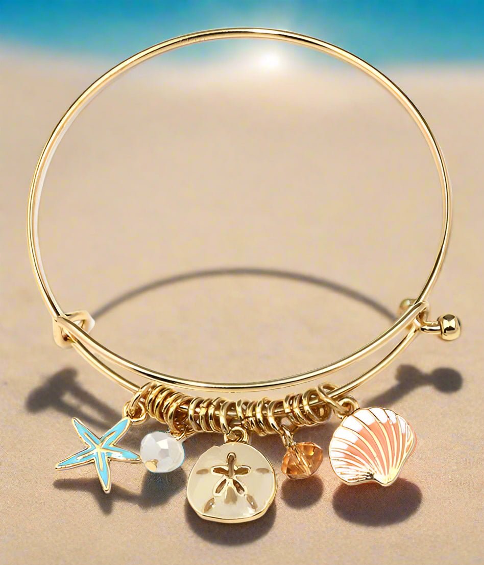 Starfish and Sand Dollar Charm Wire Bangle Bracelet