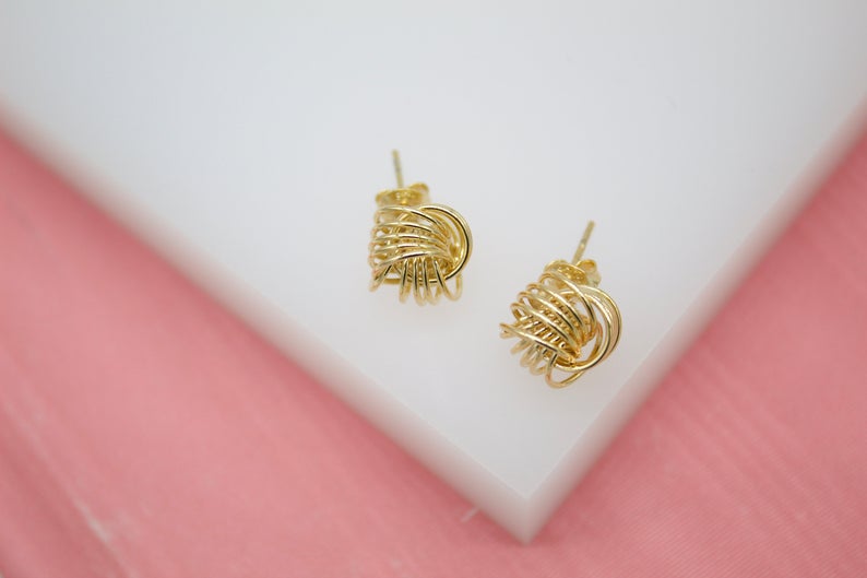 18K Gold Filled Golden Wire Knot Stud Earrings (J180)-2