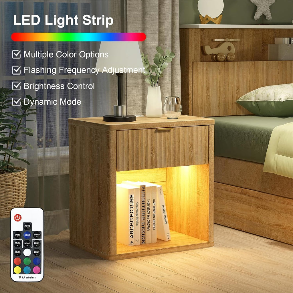 Vektaya US-NS001-NR Fluted Nightstands with LED & Charging Station, Drawer Side Tables, Oak