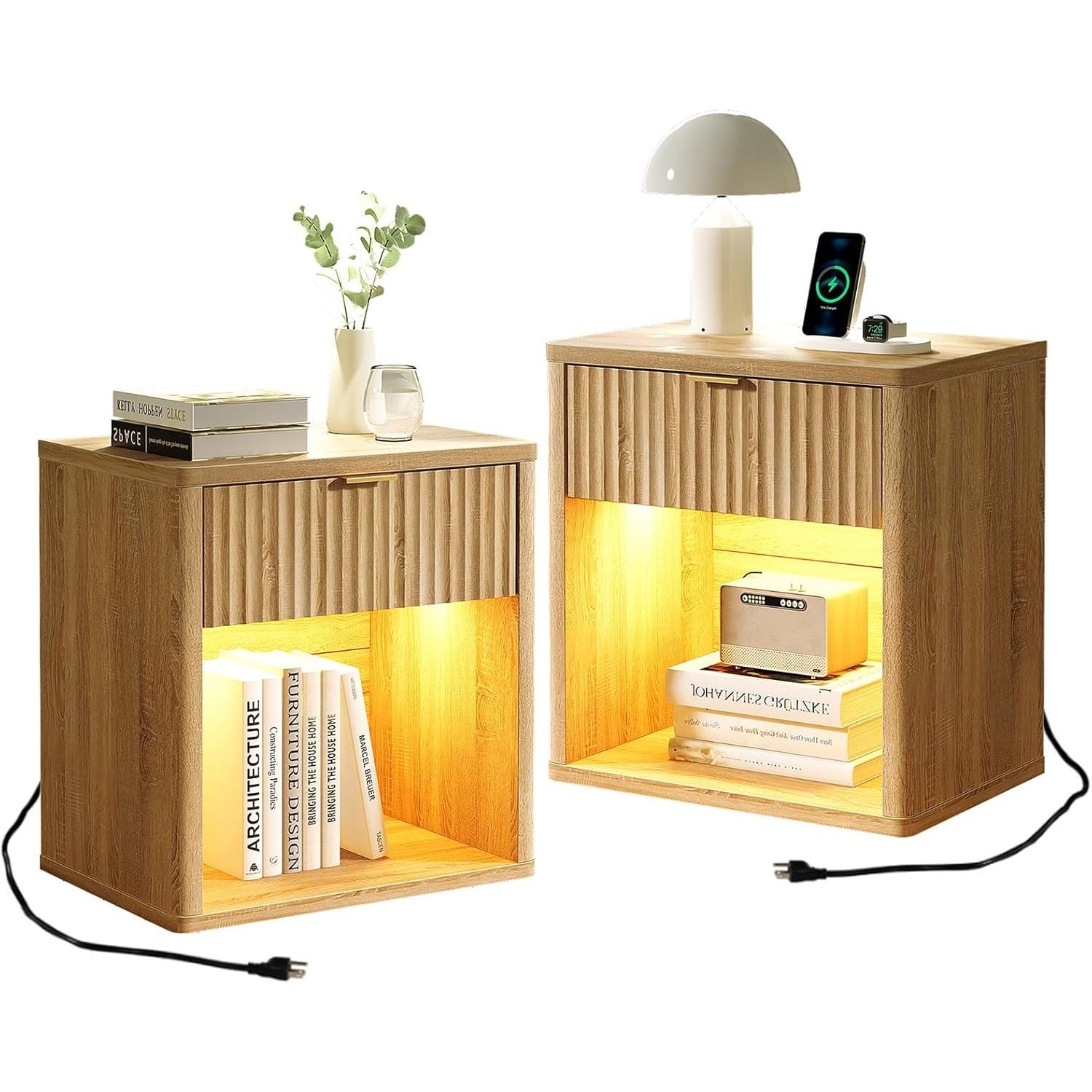Vektaya US-NS001-NR Fluted Nightstands with LED & Charging Station, Drawer Side Tables, Oak