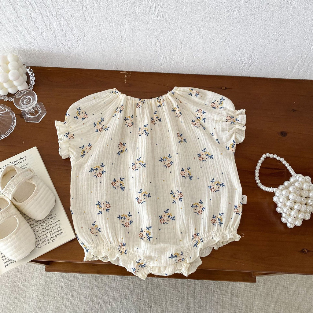 Summer Hot Selling Baby Kids Girls Short Sleeves Crew Neck Thin Cotton Double-Layer Gauze Floral Printed bodysuit