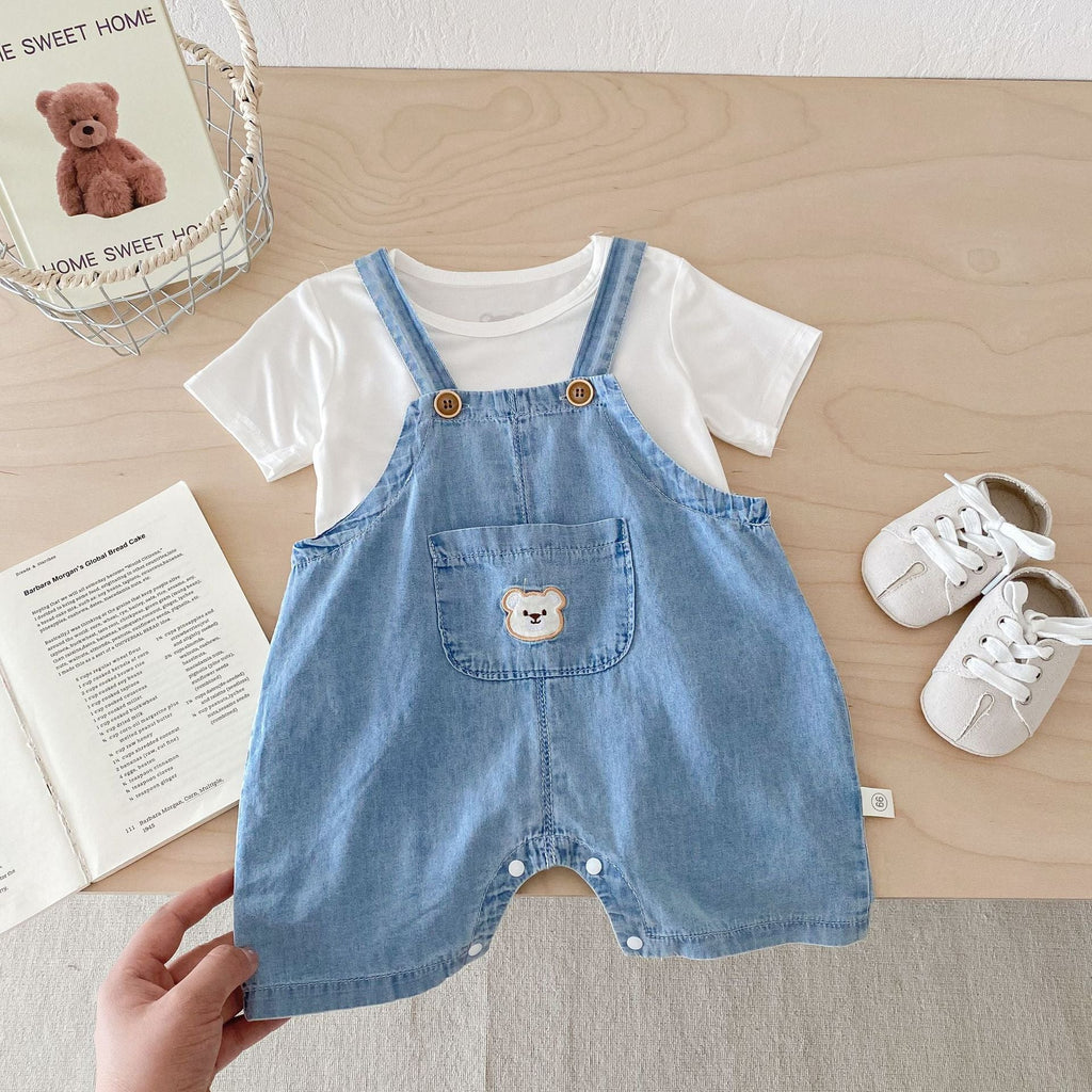 Arrival Summer Baby Kids Unisex Teddy Bear Pattern Short Sleeves T-Shirt And Thin Denim Overalls Romper – Baby Matching Clothing Set