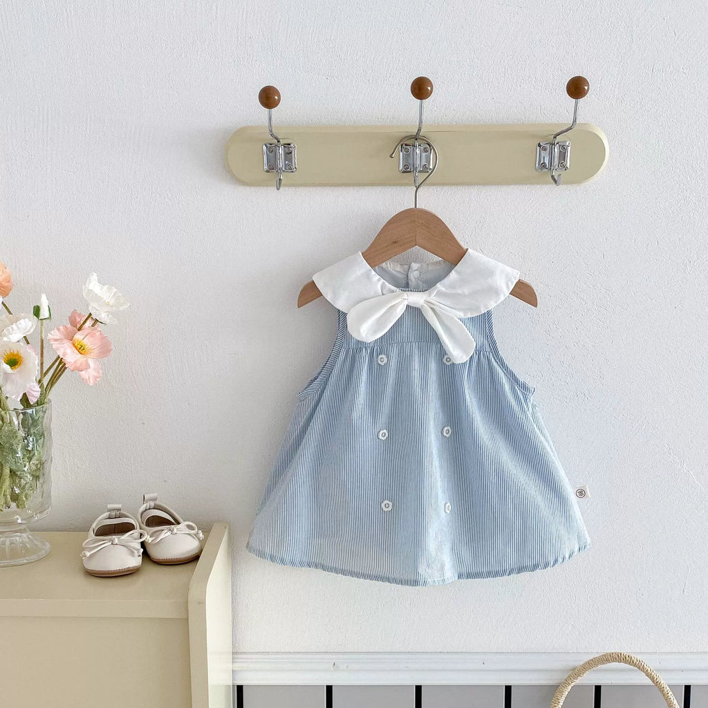 Summer Arrival Baby Girl Striped Pattern Sleeveless Dress with Butterfly-bow Tied Collar