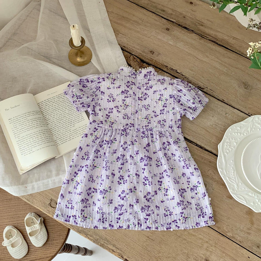 Arrival Summer Girls Dense Floral Pattern Short Sleeves Beaded Design Dress
