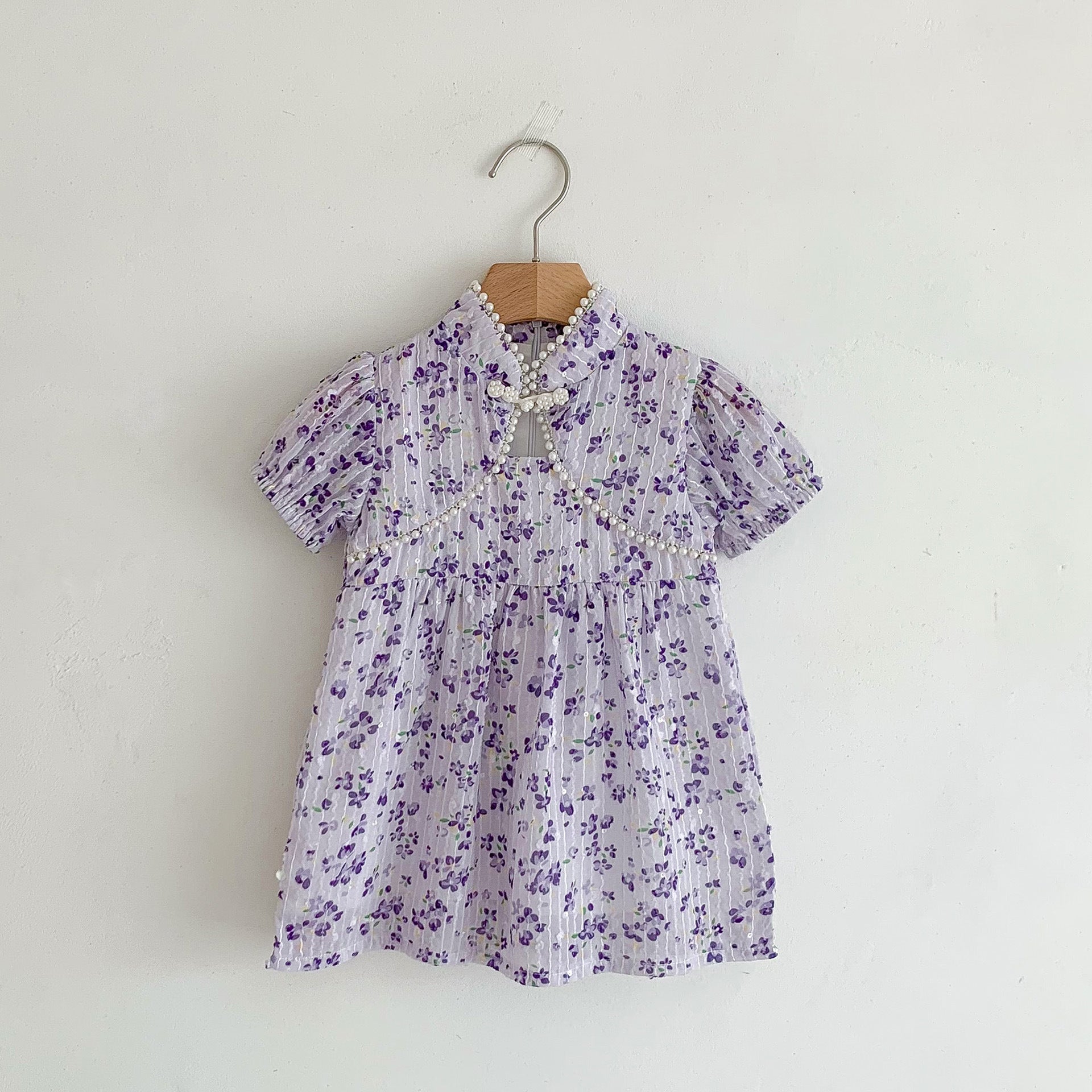 Arrival Summer Girls Dense Floral Pattern Short Sleeves Beaded Design Dress