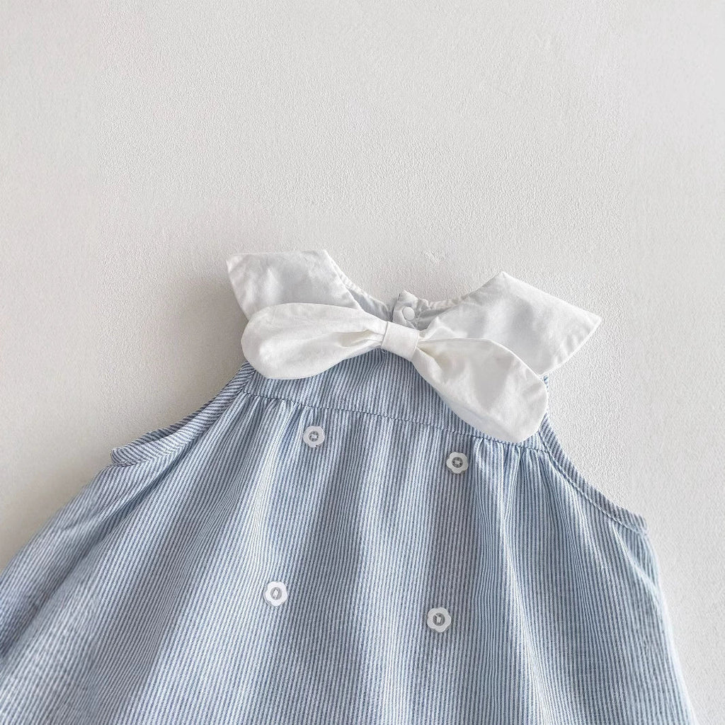 Summer Arrival Baby Girl Striped Pattern Sleeveless Dress with Butterfly-bow Tied Collar