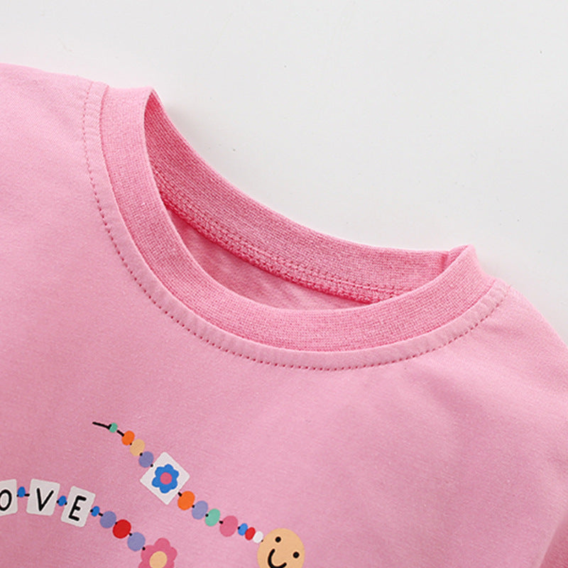 Summer Arrival Girls’ Flowers and Letters Pattern Short Sleeves Pink T-shirt in European and American Style