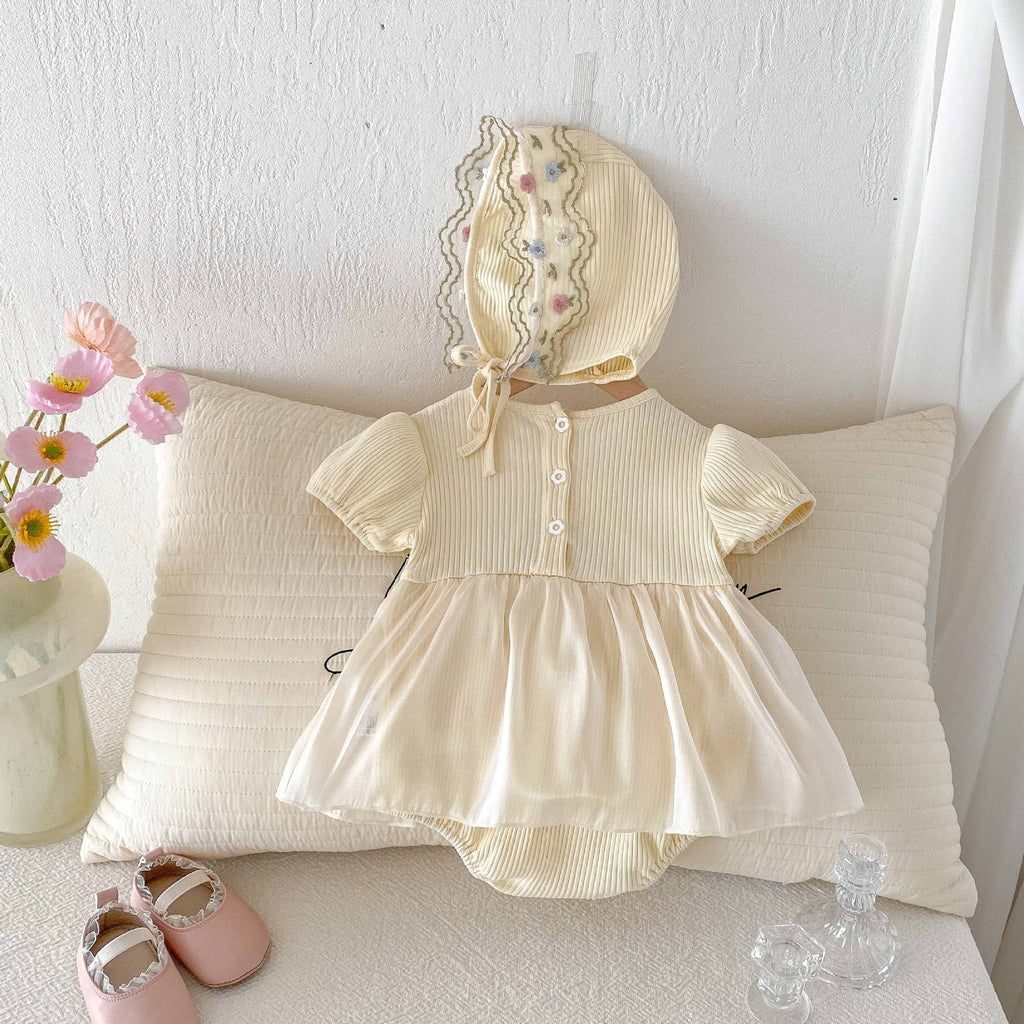 Summer Arrival Baby Girls Cute Apricot Short Sleeves Flowers Pattern Lace Attached bodysuit
