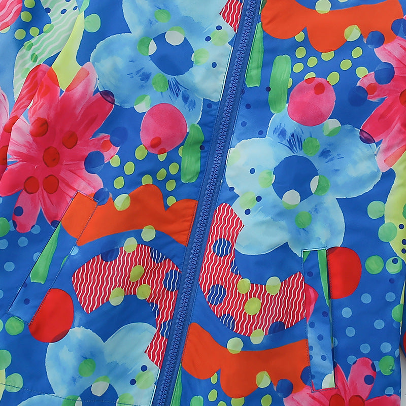 Arrival European and American Style Girls’ Hooded Zip-up Colorful Flowers Pattern Coat with Long Sleeves