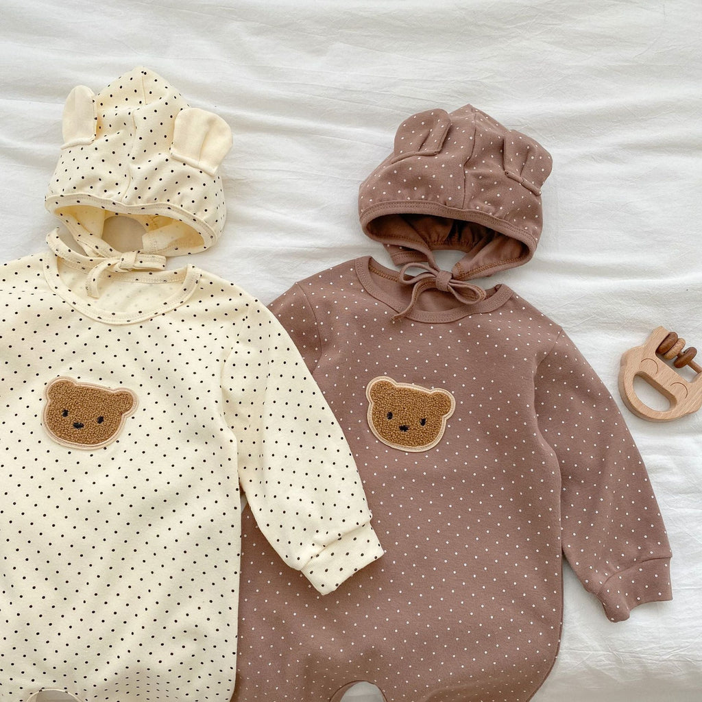 Baby Dot Pattern Cartoon Bear Patched Design Jumpsuit With Hat