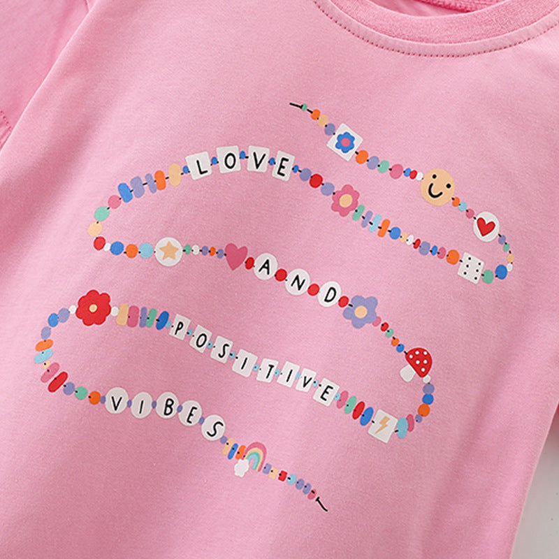 Summer Arrival Girls’ Flowers and Letters Pattern Short Sleeves Pink T-shirt in European and American Style